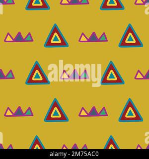 Colourful triangle shape elements on green background. Ethnic style pattern Stock Vector