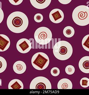 White circles with tribal style elements inside. Ethnic style pattern on purple background. Stock Vector