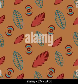Hand drawn leaves Seamless Pattern with Tribal style elements on orange background. Stock Vector