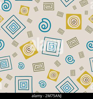 Tribal style square and circle seamless pattern on light background. Stock Vector