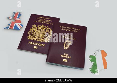 An EU UK passport and an EU Eire passport. Stock Photo