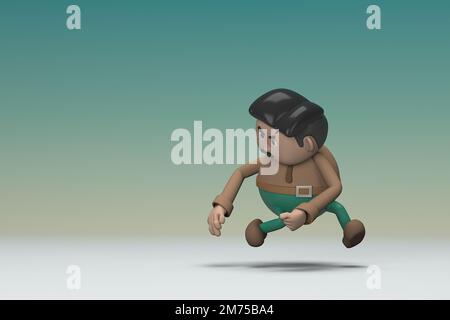 The man  with mustache wearing a brown long shirt green pants. He is jumping. 3d rendering of cartoon character in acting. Stock Photo