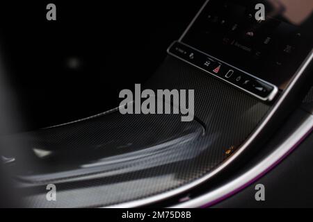 Emergency button in car, hazard light. Close up of car emergency button. Stock Photo