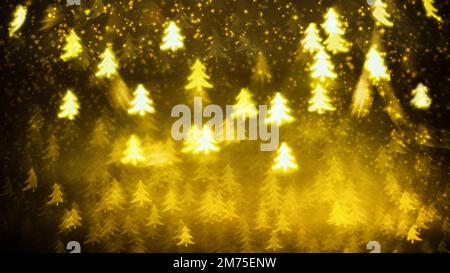 Golden glittering background with Christmas trees. Sparkle glitter texture with the bokeh and the lights, shiny metal gold foil Stock Photo