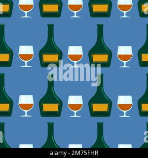 Bottle and glass seamless pattern, Vector background with alcohol. Stock Vector