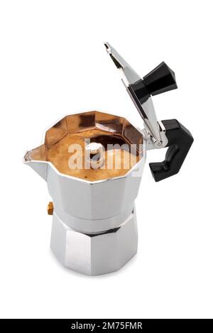 Old coffee maker (called moka or mocha) for italian coffee espresso  with open lid seen through a magnifying glass - Concept image Stock Photo -  Alamy