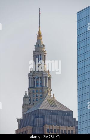 Tower City Center, a Cleveland icon, contains offices, hotel, casino, shopping mall, and transit hub. The 15-acre landmark was built in 1923-1962. Stock Photo