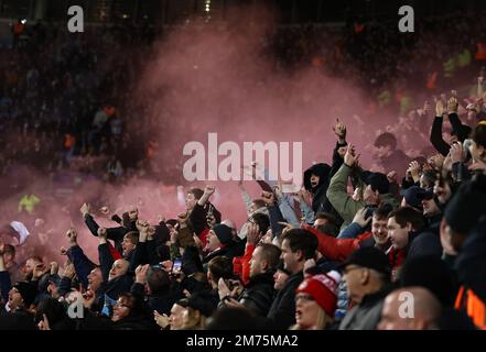 Coventry, UK. 7th Jan, 2023. Wrexham fans celebrate their first goal during the The FA Cup match at the Coventry Building Society Arena, Coventry. Picture credit should read: Darren Staples/Sportimage Credit: Sportimage/Alamy Live News Stock Photo