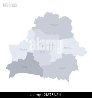 Belarus political map of administrative divisions - regions and one autonomous city. Grey vector map with labels. Stock Vector