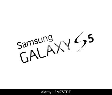Samsung Galaxy S5, rotated logo, white background Stock Photo