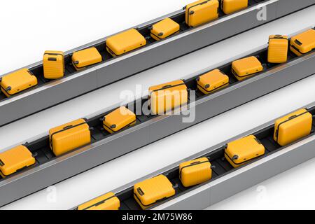 Airport luggage conveyor belt or baggage claim area with suitcases on white. Stock Photo