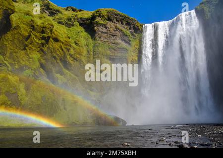 Double rainbow at Skógafoss waterfall in Iceland Stock Photo