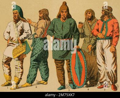 Near East. Scythians and Parthians. From left to right; 1: male Scythian garment, 2: male nuanced girdle, 3-4-5: men of the popular classes. Chromolithography. 'Historia Universal' (Universal History), by Cesar Cantu. Volume I, 1881. Stock Photo