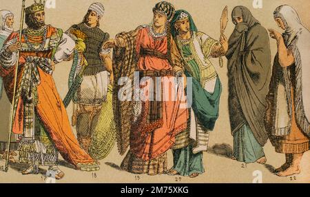 Hebrews. From left to right; 17: wealthy costumes in the time of David and Solomon, 18: warrior costume, 19-20: ladies clothing, 21: Hebrew woman in street clothes, 22: Assyrian-Hebrew mixed costume. Chromolithography. 'Historia Universal' (Universal History), by Cesar Cantu. Volume I, 1881. Stock Photo