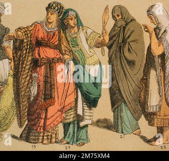 Hebrews. From left to right; 19-20: ladies clothing, 21: Hebrew woman in street clothes, 22: Assyrian-Hebrew mixed costume. Chromolithography. 'Historia Universal' (Universal History), by Cesar Cantu. Volume I, 1881. Stock Photo