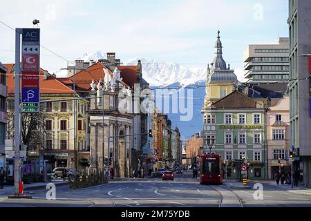 Innsbruck, Austria - December 2022: Historic center of the 'old town' part of the Innsbruck city (Altstadt Innsbruck) Stock Photo