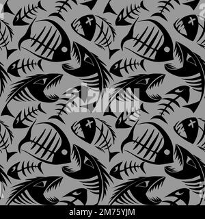 bright seamless pattern of black graphic fish skeletons on a gray background, texture, design Stock Photo