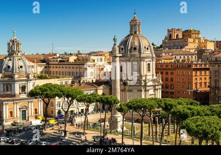 Scenery of Rome, Italy, Europe. Nice panorama of old buildings near ancient Forums in central Rome. Skyline of Roma city, beautiful view of streets, p Stock Photo