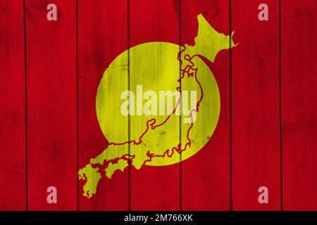 Flag of Japan and contour map of the country on the texture. Collage. Stock Photo