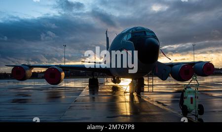 A KC-135 aircraft assigned to the Pennsylvania Air National Guard’s 171st Air Refueling Wing sits parked on the flight line Jan. 4, 2023. Located near Pittsburgh, the 171st is the only tanker wing in the Air National Guard with 16 KC-135 aircraft assigned to it, some have been in service for as many as 65 years. (U.S. Air National Guard photo by Senior Master Sgt. Shawn Monk) Stock Photo