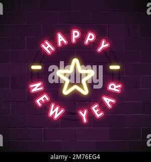 Pink happy new year neon sign vector Stock Vector