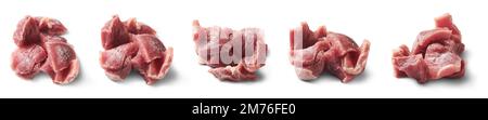 pile of fresh raw beef, set of chopped meat in different angles isolated on white background, collection Stock Photo