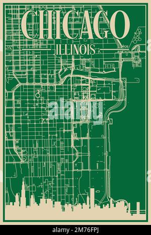 Green hand-drawn framed poster of the downtown CHICAGO, ILLINOIS with highlighted vintage city skyline and lettering Stock Vector