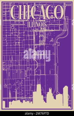 Purple hand-drawn framed poster of the downtown CHICAGO, ILLINOIS with highlighted vintage city skyline and lettering Stock Vector