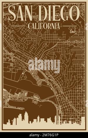 Brown hand-drawn framed poster of the downtown SAN DIEGO, CALIFORNIA with highlighted vintage city skyline and lettering Stock Vector