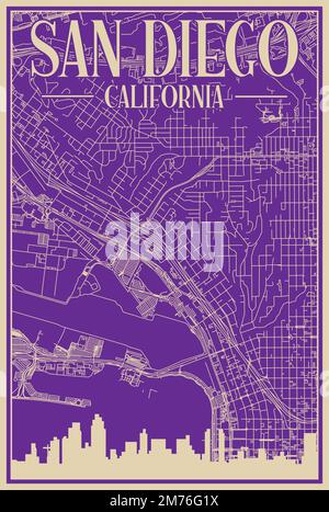 Purple hand-drawn framed poster of the downtown SAN DIEGO, CALIFORNIA with highlighted vintage city skyline and lettering Stock Vector