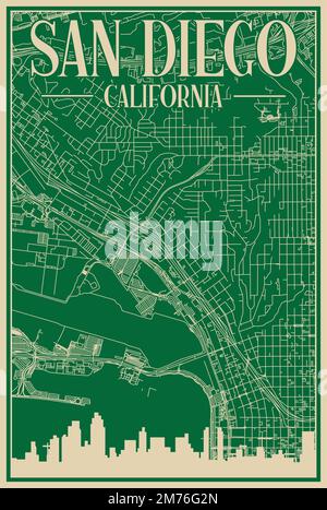 Green hand-drawn framed poster of the downtown SAN DIEGO, CALIFORNIA with highlighted vintage city skyline and lettering Stock Vector