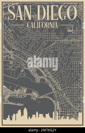 Grey hand-drawn framed poster of the downtown SAN DIEGO, CALIFORNIA with highlighted vintage city skyline and lettering Stock Vector