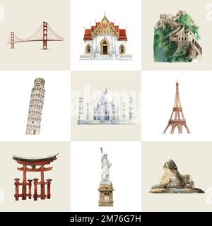 Collection of architectural landmarks painted by watercolor Stock Vector