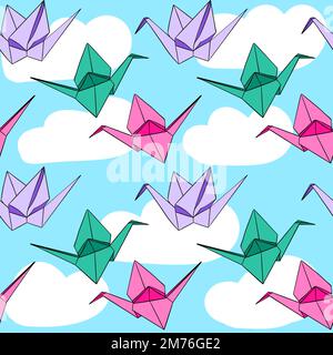 Hand drawn seamless pattern with japanese origami paper crames birds on blue sky white clouds background. Pink purple green japan asian toy for kids children nursery decor apparel, love hope peace symbol traditional papercraft Stock Photo