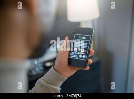 Smart home technology, app and man with phone dashboard for air conditioning, safety security network or house automation. Software system, digital ui Stock Photo