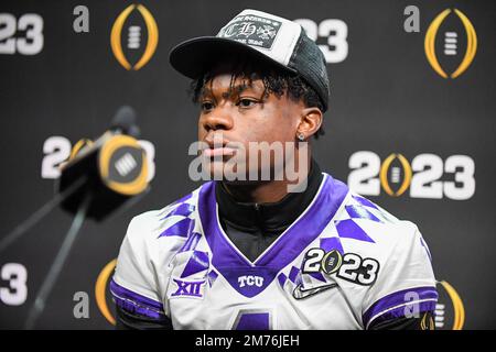 TCU Horned Frogs cornerback Tre'Vius Hodges-Tomlinson (1) during National Championship Media Day on Saturday, Jan. 7, 2023 in Los Angeles. (Dylan Stew Stock Photo