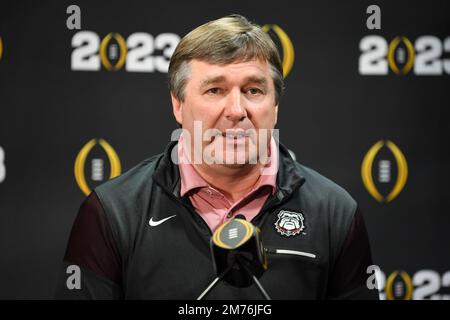 Georgia head coach Kirby Smart during National Championship Media Day on Saturday, Jan. 7, 2023 in Los Angeles. (Dylan Stewart/Image of Sport) Stock Photo