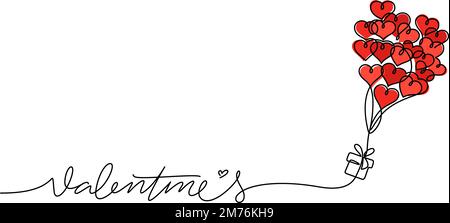 valentine's day celebration continuous line drawing background. Heart balloon and gift box on the way of delivery sending vector illustration Stock Vector