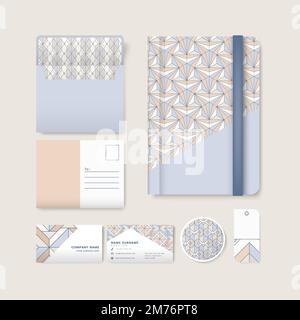 Set of pastel geometric pattern on blue surface stationery Stock Vector