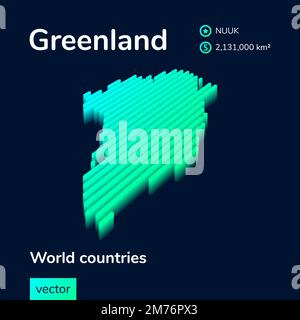 3d map of Greenland. Stylized striped vector isometric Map of Greenland is in neon green and mint colors on the dark blue background Stock Vector