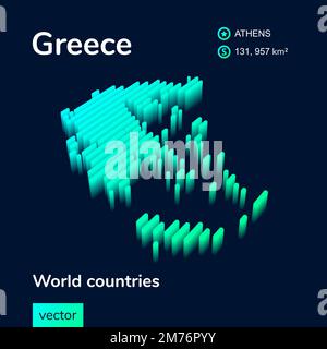 3D map of Greece. Stylized striped vector isometric Map of Greece is in neon green and mint colors on the dark blue background Stock Vector