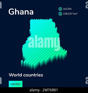 3D map of Ghana. Stylized striped vector isometric Map of Ghana is in neon green and mint colors on the dark blue background Stock Vector