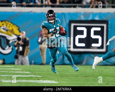 Jacksonville, Florida, USA. January 7, 2023: Jacksonville Jaguars wide  receiver JAMAL AGNEW (39) gets tackled after returning the ball during the  Jacksonville Jaguars vs Tennessee Titans NFL game at TIAA Bank Field