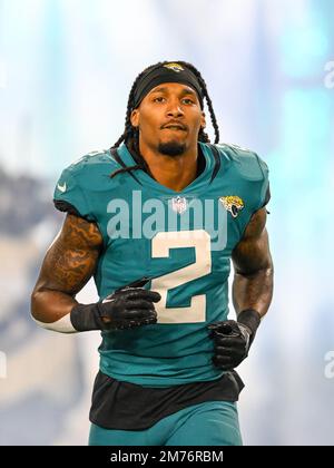 JACKSONVILLE, FL - JANUARY 14: Jacksonville Jaguars safety Andre Cisco (5)  during the game between the Los Angeles Chargers and the Jacksonville  Jaguars on January 14, 2023 at TIAA Bank Field in