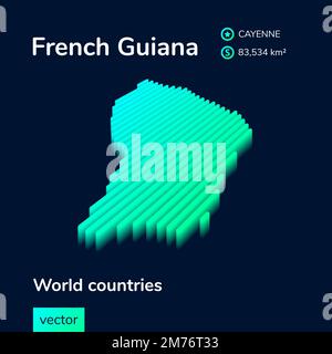 Stylized neon simple digital isometric striped vector French Guiana map, with 3d effect. Stock Vector