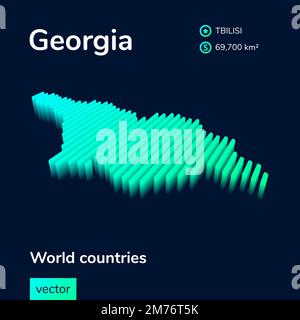 3D map of Georgia. Stylized striped vector map of Georgia is in green and mint colors on the dark blue background Stock Vector