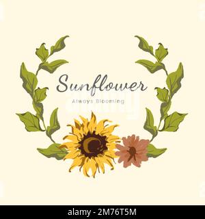 Round sunflower wreath frame vector Stock Vector