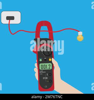 a man hand holding clamp multimeter for measuring current in the wire, vector illustration Stock Vector