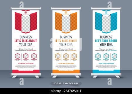 Corporate business roll up banner template with creative shapes. Business promotion banner template with red and blue colors. Roll up standee banner f Stock Vector