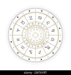 Astrology wheel with zodiac signs. Mystery and esoteric. Horoscope vector illustration. Spiritual tarot poster. Magic occult tarot cards. Stock Vector